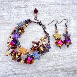 Shell, Iridescent Glass, Starfish & Copper Multi-Strand Bracelet & Earrings Set