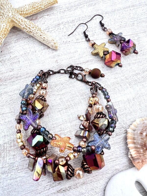 Shell, Iridescent Glass, Starfish & Copper Multi-Strand Bracelet & Earrings Set