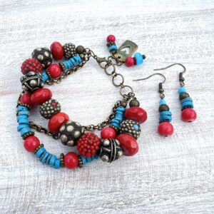 Red, Teal and Bronze "Follow Your Heart" Multi-Strand Bracelet & Earrings Set