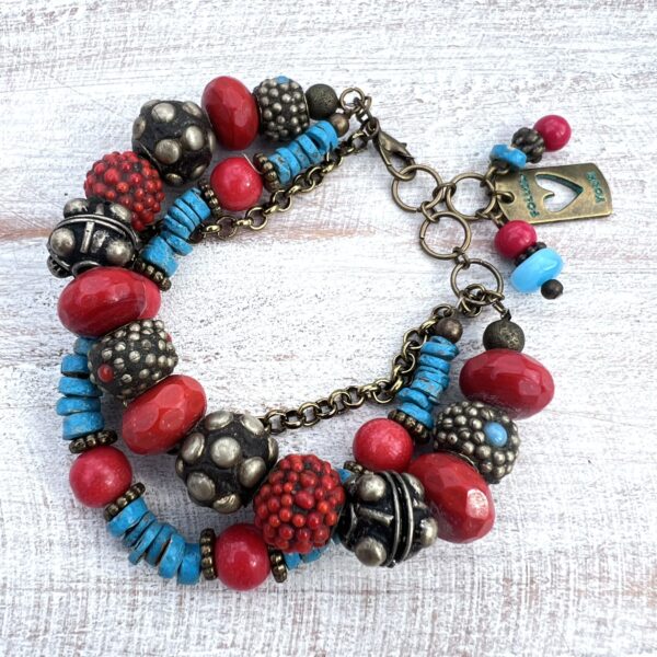 Red, Teal and Bronze "Follow Your Heart" Multi-Strand Bracelet & Earrings Set