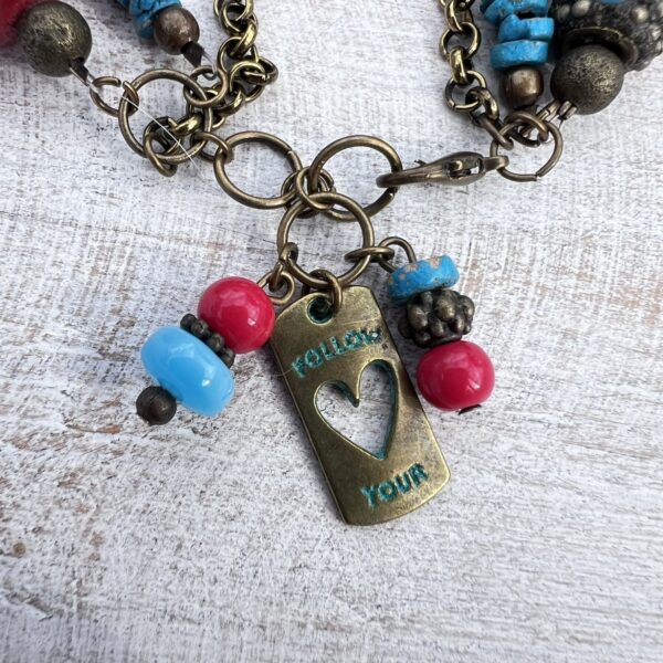 Red, Teal and Bronze "Follow Your Heart" Multi-Strand Bracelet & Earrings Set