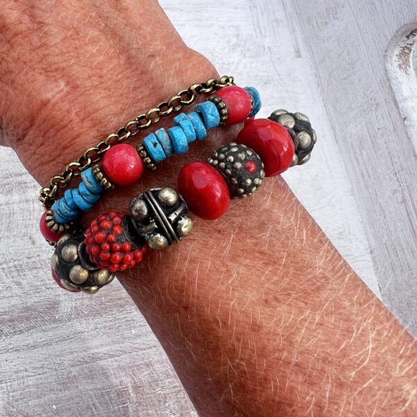 Red, Teal and Bronze "Follow Your Heart" Multi-Strand Bracelet & Earrings Set