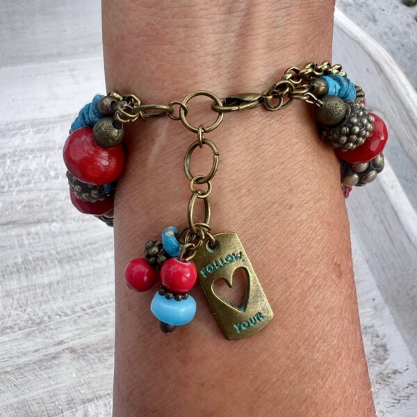 Red, Teal and Bronze "Follow Your Heart" Multi-Strand Bracelet & Earrings Set