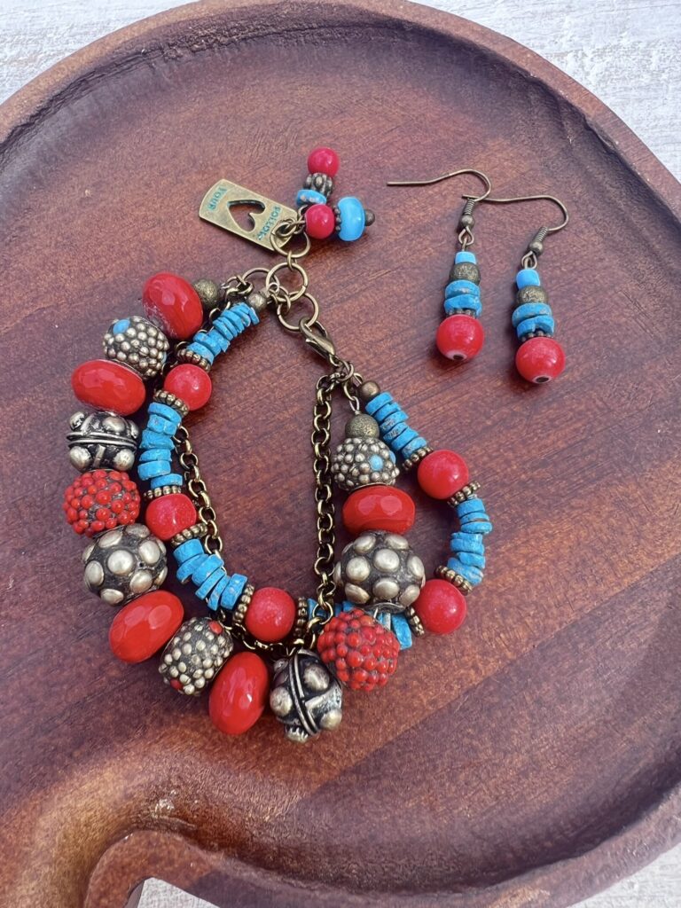 Red, Teal and Bronze "Follow Your Heart" Multi-Strand Bracelet & Earrings Set