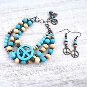 Turquoise Howlite, Wood & Bronze Peace Multi-Strand Bracelet & Earrings Set