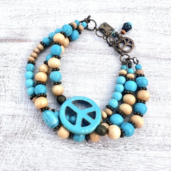 Turquoise Howlite, Wood & Bronze Peace Multi-Strand Bracelet & Earrings Set