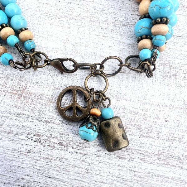 Turquoise Howlite, Wood & Bronze Peace Multi-Strand Bracelet & Earrings Set