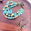 Turquoise Howlite, Wood & Bronze Peace Multi-Strand Bracelet & Earrings Set