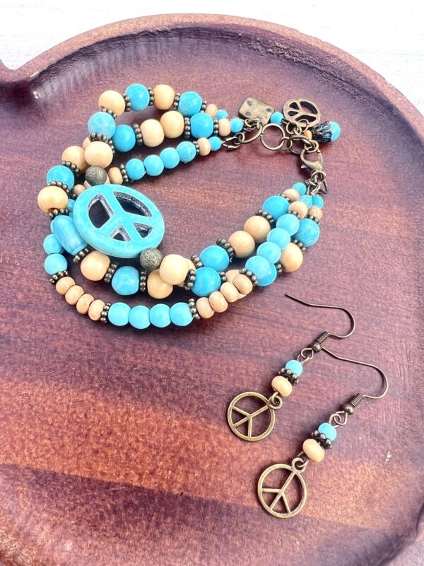 Turquoise Howlite, Wood & Bronze Peace Multi-Strand Bracelet & Earrings Set