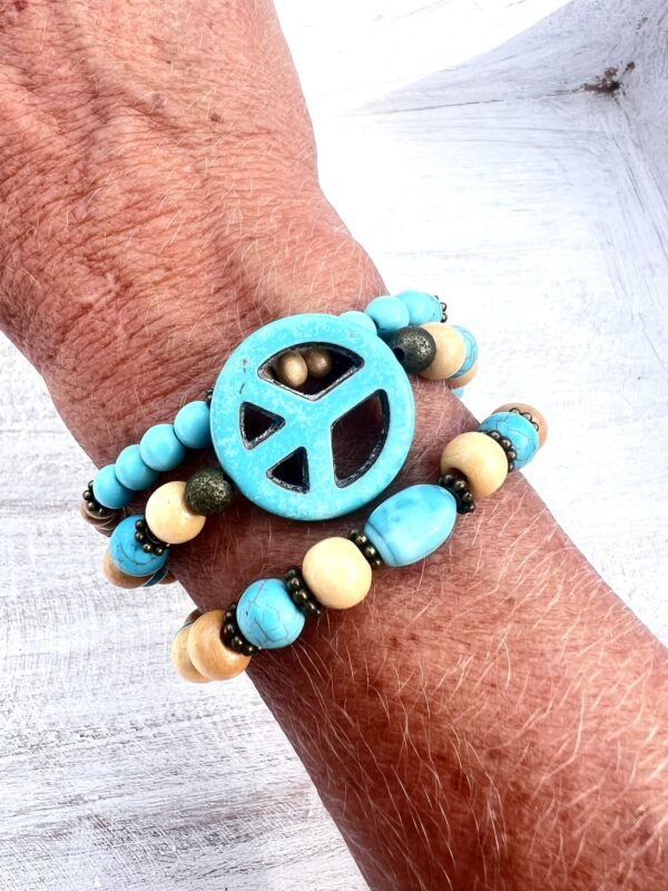 Turquoise Howlite, Wood & Bronze Peace Multi-Strand Bracelet & Earrings Set