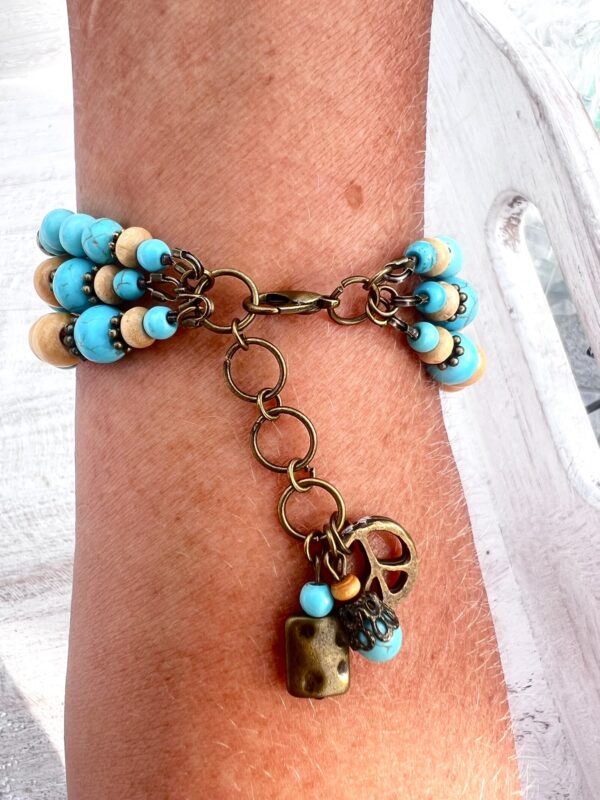 Turquoise Howlite, Wood & Bronze Peace Multi-Strand Bracelet & Earrings Set