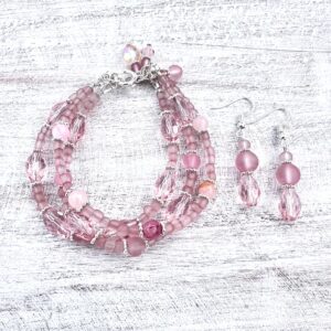 Light Pink Persian Jade and Glass Multi-Strand Bracelet & Earrings Set