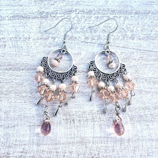 Light Pink 5-Hole Silver-Tone Circle Chandelier Earrings