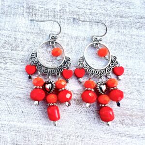 Bright Orange & Red Heart Chandelier Earrings