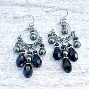 Black Teardrops & Gray Pearl Circle Chandelier Earrings