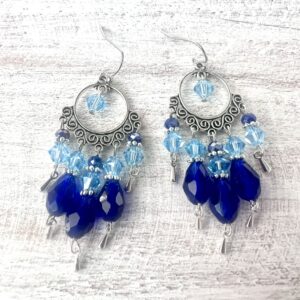 Teal and Royal Blue Silver-Tone Circle Chandelier Earrings