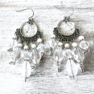 Opaque White & Clear Glass Silver-Tone Circle Chandelier Earrings