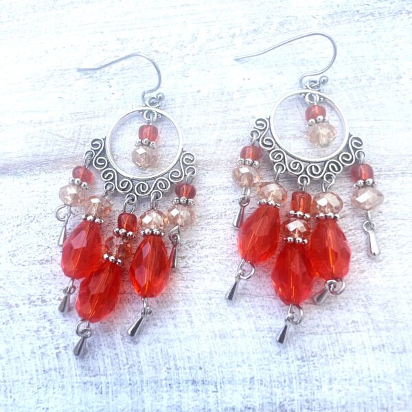 Two-Tone Orange & Silver Circle Chandelier Earrings