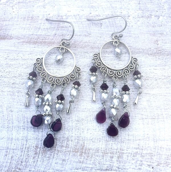 Red Garnet & Silver Glass Circle Chandelier Earrings