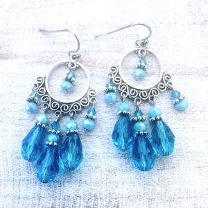 Two-Tone Teal Glass Silver-Tone Circle Chandelier Earrings