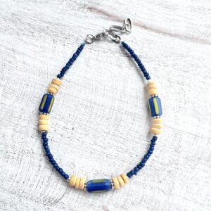Blue & Yellow Handblown Glass, Wood and Seed Bead Anklet