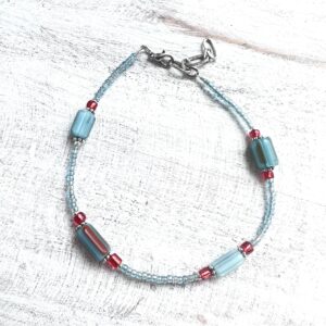 Blue & Red Handblown Glass, Wood and Seed Bead Anklet (Copy)