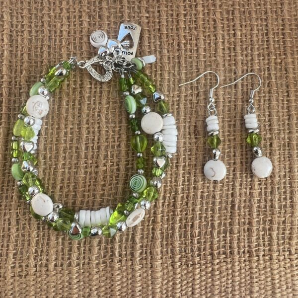 Green Glass, White Howlite Turquoise and Shell Triple Strand Bracelet & Earrings Set