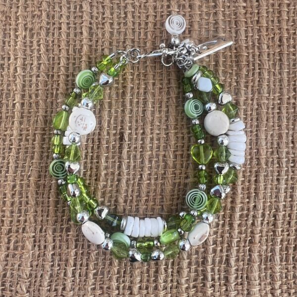 Green Glass, White Howlite Turquoise and Shell Triple Strand Bracelet & Earrings Set