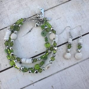 Green Glass, White Howlite Turquoise and Shell Triple Strand Bracelet & Earrings Set