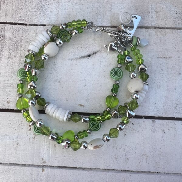 Green Glass, White Howlite Turquoise and Shell Triple Strand Bracelet & Earrings Set