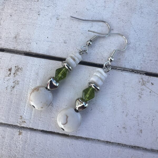 Green Glass, White Howlite Turquoise and Shell Triple Strand Bracelet & Earrings Set