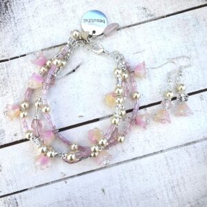 Pink and Yellow Glass Tulip Triple Strand Bracelet & Earrings Set
