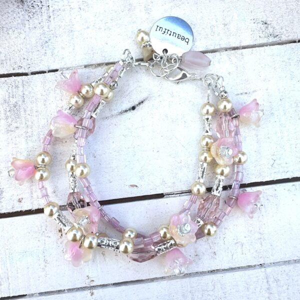 Pink and Yellow Glass Tulip Triple Strand Bracelet & Earrings Set