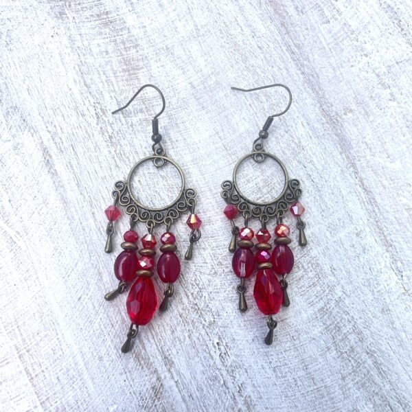 Bronze Filigree Circle Red Glass Chandelier Earrings