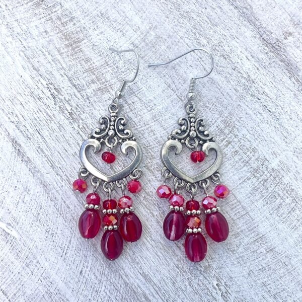 Silver Tone Filigree Heart Red Glass Chandelier Earrings