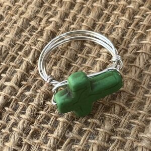 Green Turquoise Cross Silver Wrapped Ring