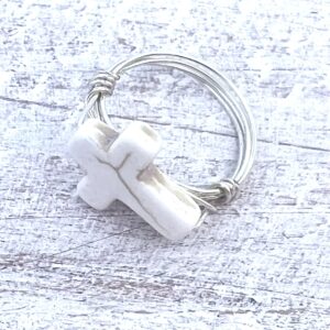 White Turquoise Cross Silver Wrapped Ring