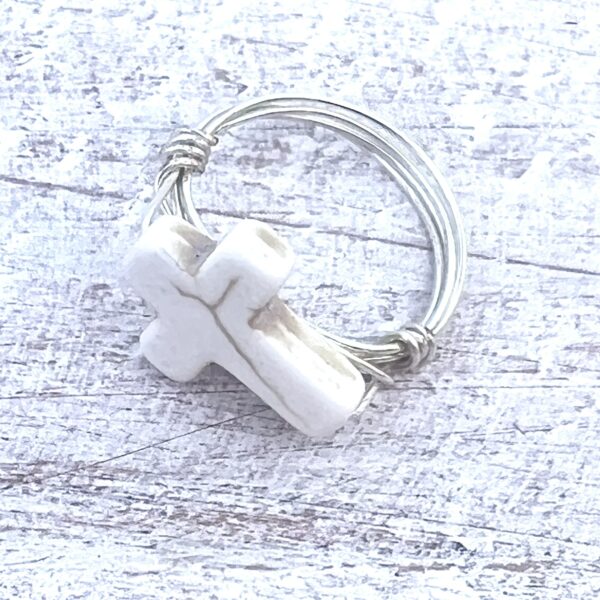 White Turquoise Cross Silver Wrapped Ring