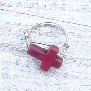 Dark Red Turquoise Cross Silver Wrapped Ring