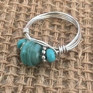 Turquoise Opaque Handblown Glass Silver Wire Wrapped Ring