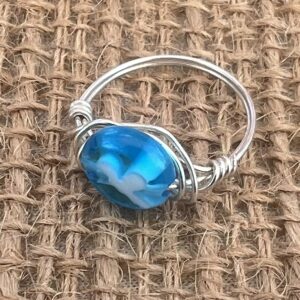 Teal Glass Millefiori Flower Silver Wrapped Ring