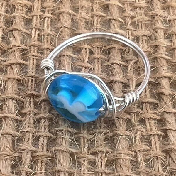 Teal Glass Millefiori Flower Silver Wrapped Ring