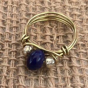 Royal Blue & Gold Glass Seed Bead Silver Wire Wrapped Ring