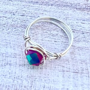 Iridescent Faceted Red Silver Wire Wrapped Ring