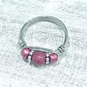 Opaque Pink Triple Silver Wire Wrapped Ring