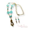 Cross Turquoise, Leopard Jasper and Bronze Feather Chain Necklace and Earrings Set