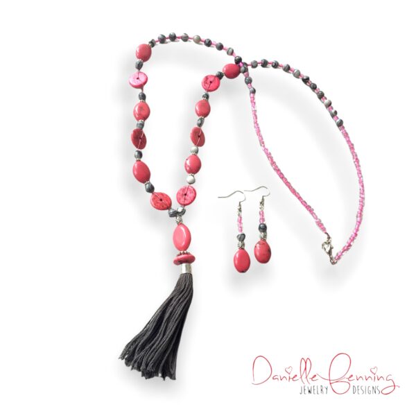 Pink Coral and Gray Tassel Necklace and Earrings Set