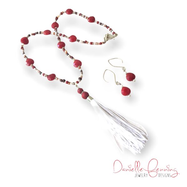 Dyed Red Jade and Glass Tassel Necklace and Earrings Set