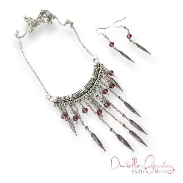 Purple Chain Feather Bib Necklace & Earrings