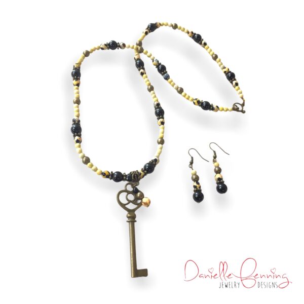 Black Obsidian and Agate Bronze Key Necklace and Earrings Set